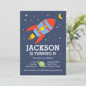 Geburtstag zum Thema "Raketen und Mond" Einladung (Stehend Vorderseite)