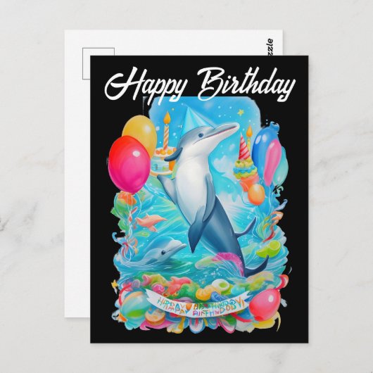 Geburtstagdolphin mit Geburtstagshut Postkarte (Vorne/Hinten)