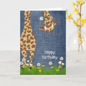 Geburtstaggiraffe auf blauem Denim Karte (Gelbe Blume)