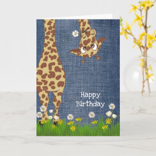 Geburtstaggiraffe auf blauem Denim Karte (Gelbe Blume)