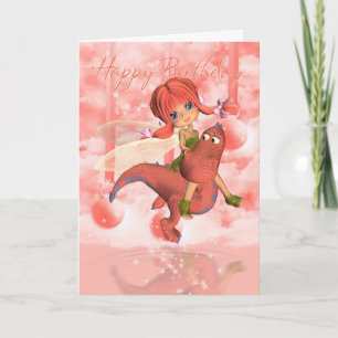 Geburtstagkarte, rosa Drache und Fee Karte