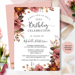 Geburtstags-, Blush- und Burgunder-Blumenhochzeit Einladung