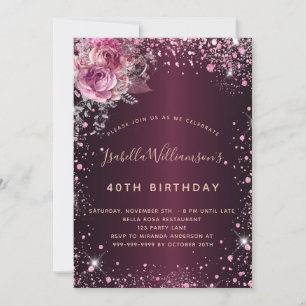 Geburtstags-Bordeauxrosa-Glitterstaub-Blumen  Einladung