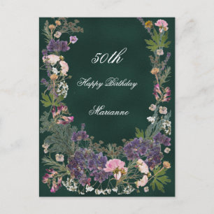 Geburtstags-Botanical-Floral auf moody Forest Grün Postkarte