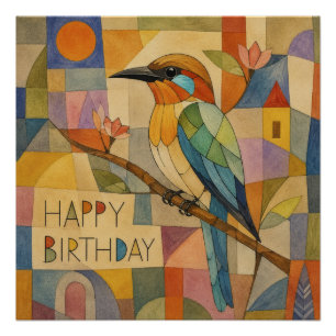 Geburtstags-Cubist-Eisvogel-Vogel-Abstraktkunst Poster