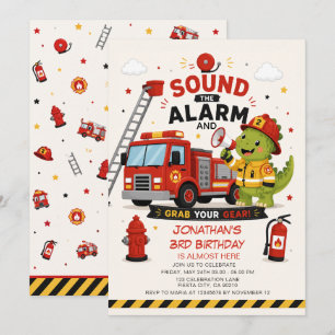 Geburtstags-Einladung Feuerwehr-Dinosaurier Alarm  Einladung