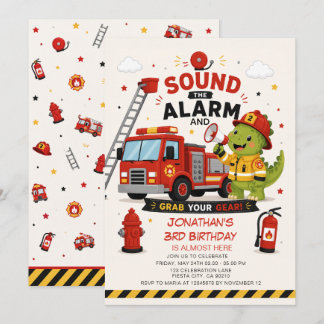 Geburtstags-Einladung Feuerwehr-Dinosaurier Alarm Einladung