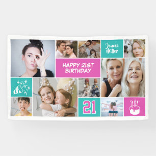 Geburtstags-Fotocollage Aqua Pink zum 21. Banner