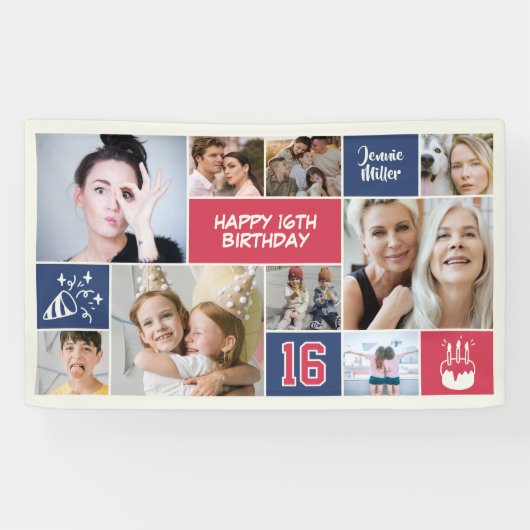 Geburtstags-Fotocollage Rot Blau zum 16. Banner (Horizontal)