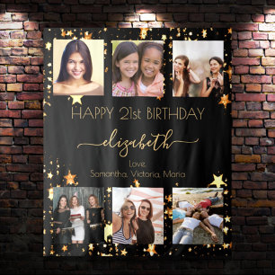 Geburtstags-Fotocollage schwarz Gold beste Freunde Wandteppich