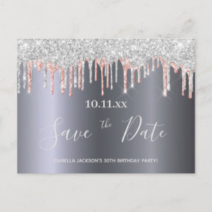 Geburtstags-Glitzer Silber-Rose Gold Save the Date Postkarte