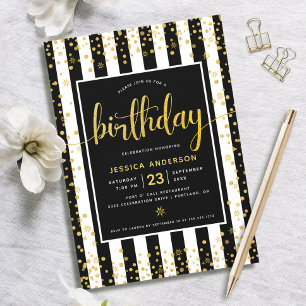 Geburtstags-Gold-Glitter-Schriftzug mit schwarzen Einladung