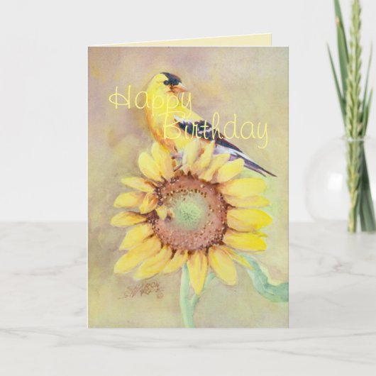 GEBURTSTAGS-GOLDFINCH UND SONNENBLUME durch SHARON Karte (Vorderseite)