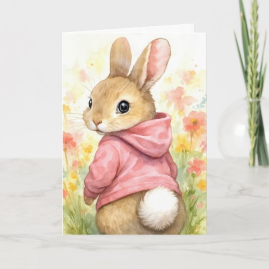 Geburtstags-Häschen mit rosa Kapuzenpullover Karte (Vorderseite)