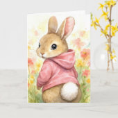 Geburtstags-Häschen mit rosa Kapuzenpullover Karte (Gelbe Blume)