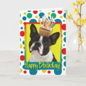 Geburtstags-kleiner Kuchen - Boston Terrier Karte (Gelbe Blume)