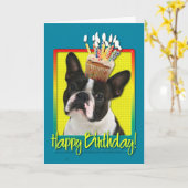 Geburtstags-kleiner Kuchen - Boston Terrier Karte (Gelbe Blume)