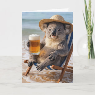 Geburtstags-Koala-Bär mit einem Bier am Strand Karte