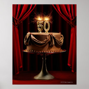 Geburtstags-Kuchen auf Bühne mit Zahl 50 Kerzen Poster