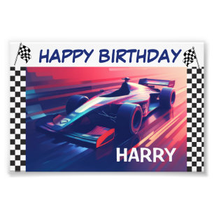 GEBURTSTAGS MODERNES BLAUES RENNWAGEN-BANNER FOTODRUCK
