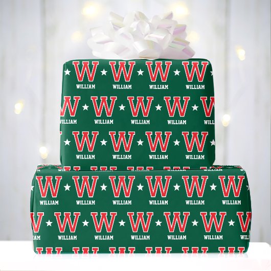 Geburtstags-Monogramm Retro Varsity Grün Rot Benut Geschenkpapier