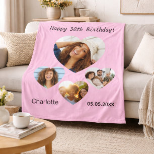 Geburtstags-Name-Foto-Herz-Collage rosa Fleecedecke