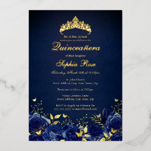 Geburtstags-Navy-Blumen-Schmetterlings-Diadem Quin Folieneinladung