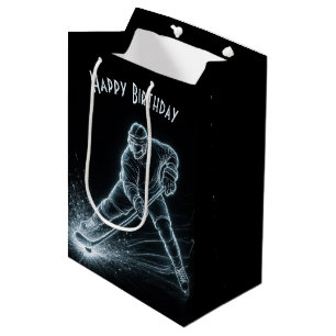 Geburtstags-Neon-Hockeyspieler auf Eis Mittlere Geschenktüte