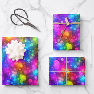 Geburtstags-Neon-Regenbogen-Bokeh-Lichter Geschenkpapier Set