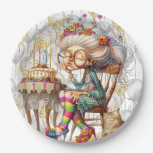 Geburtstags-Oma mit Partyballons Pappteller