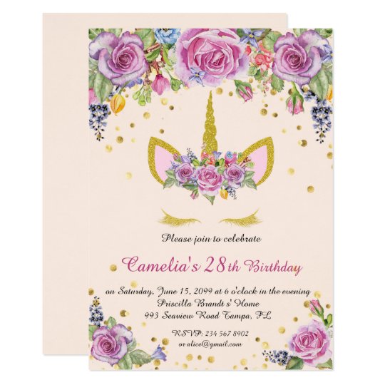 Geburtstags Party Einladung Unicorn Rosa Blumen Einladung Zazzle De