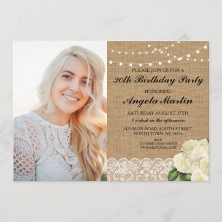 Geburtstags-Party-Leinwand-Spitze-Rosen-Foto Einladung