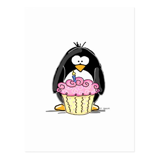 GeburtstagsPinguin mit kleinem Kuchen Postkarte Zazzle.de