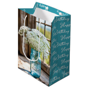 Geburtstags Queen Annes Lace in aquafarbenem Mason Mittlere Geschenktüte