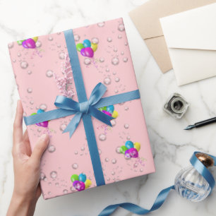 Geburtstags-Regentropfen und Ballons auf Rosa Geschenkpapier
