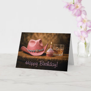 Geburtstags-Rosafarben-Cowgirl-Hut-Cupcake-Whiskey Karte