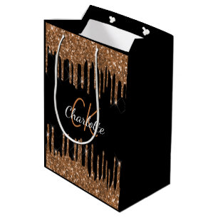 Geburtstags-schwarzes Gold-Glitter-Tropfen-Monogra Mittlere Geschenktüte
