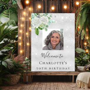 Geburtstags-Silber-Foto-Glitter-Blumen Willkommen Poster