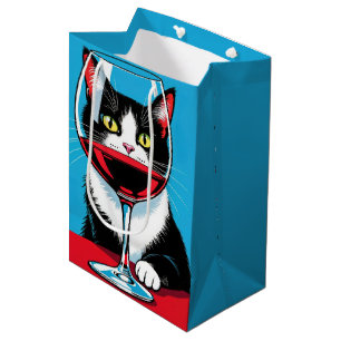 Geburtstags-Smoking-Katze, die durch ein Weinglas Mittlere Geschenktüte