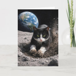 Geburtstags-Smoking-Katze gräbt einen Mondkrater Karte