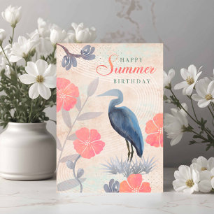 Geburtstags-Sommer-Blätter-Blumen-und-Reiher Karte