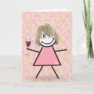Geburtstags-Stick-Girl mit Rotwein  Karte