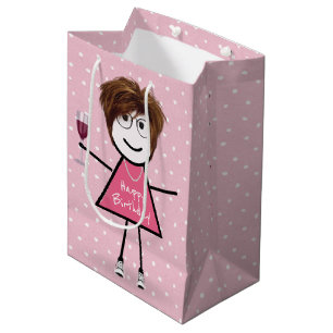 Geburtstags-Strichfigur-Mädchen auf Polka-Punkten Mittlere Geschenktüte