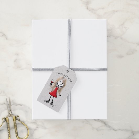 Geburtstags-Strichmännchen-Mädchen mit Weinglas Geschenkanhänger (Mit Garn)
