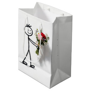Geburtstags-Strichmännchen mit Rosenstrauß Mittlere Geschenktüte