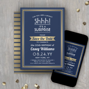 Geburtstags-Überraschungsparty Navy Blau, Weiß und Save The Date