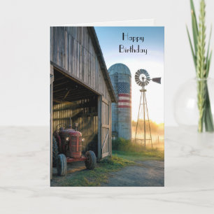 Geburtstags-Vintage-Traktor mit Windmühle und Silo Karte