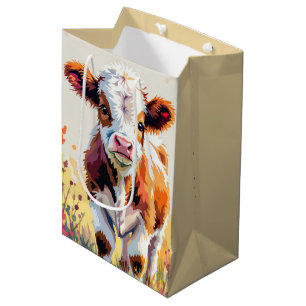 Geburtstags-Wasserfarben-Kalb auf dem Feld mit Blu Mittlere Geschenktüte