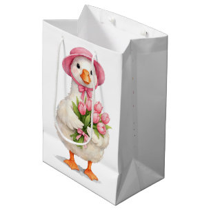 Geburtstags-Weißgans mit rosa Tulpen Mittlere Geschenktüte