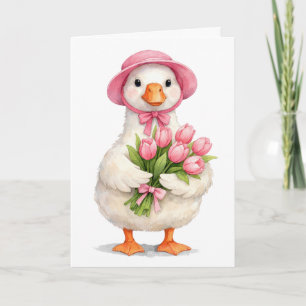 Geburtstags-Weißgans mit rosa Tulpenstrauß Karte